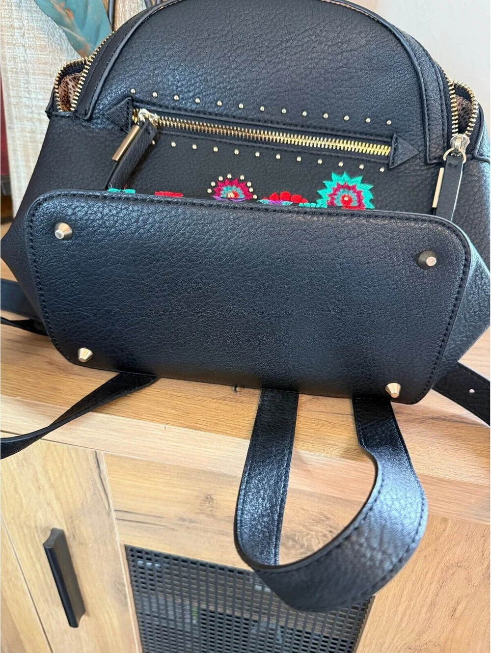 Steve Madden Black Floral Embroidered Faux Leather Backpack